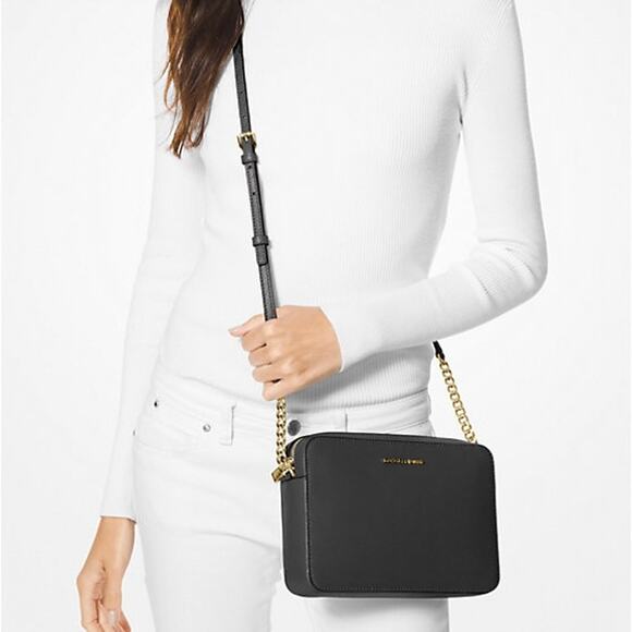 Michael Kors Jet Set Large Saffiano Leather Crossbody Bag - Black - Picture 1 of 5